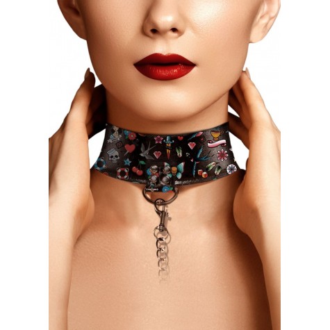 Ошейник Printed Collar With Leash Old School Tattoo Style